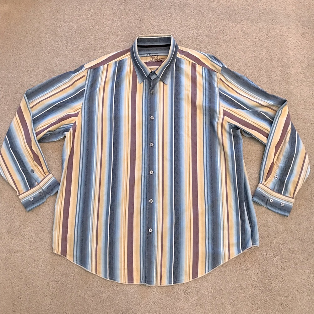 Tommy Bahama Mens Relaxed Long Sleeve Shirt Size XXL Blue Yellow Stripe Cotton